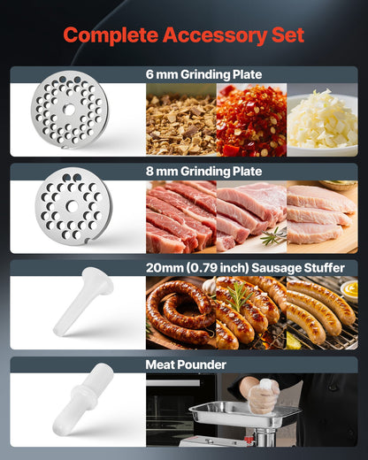 Gewerblicher elektrischer Fleischwolf, 3,2 kg/min Kapazität, #12 Industrie-Fleischwolf mit 2 Edelstahlklingen, 2 Lochscheiben, 850 W Hochleistungs-Wurstmaschine, für Küche und Restaurant