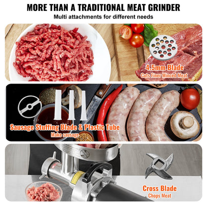 Meat Grinder, 9 Lbs/Min Capacity Electric Meat Grinders with Blade, Grinding Plate, Sausage Maker, Stainless Steel Commercial Meat Mincer for Kitchen Restaurant Butcher Store