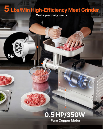 Meat Grinder, 5 Lbs/Min Capacity Electric Meat Grinders with Blade, Grinding Plate, Sausage Maker, Stainless Steel Commercial Meat Mincer for Kitchen Restaurant Butcher Store