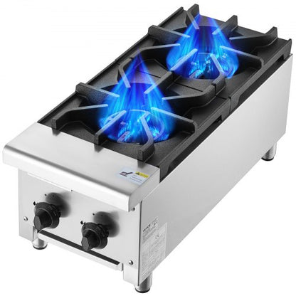Commercial Gas Stove with 2 Burners, Propane and Natural Gas Countertop Cooking Stove Range, Stainless Steel Gas Hot Plate, Commercial Cooking Equipment for Restaurant, 14KW