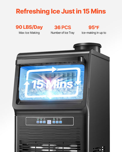 90lbs/24H Commercial Ice Maker, 36 Ice Cubes in 15 Minutes, Freestanding Ice Maker Machine with 12lbs Large Storage Capacity for Bar Office Restaurant, with LED Digital Display & Self-Cleaning