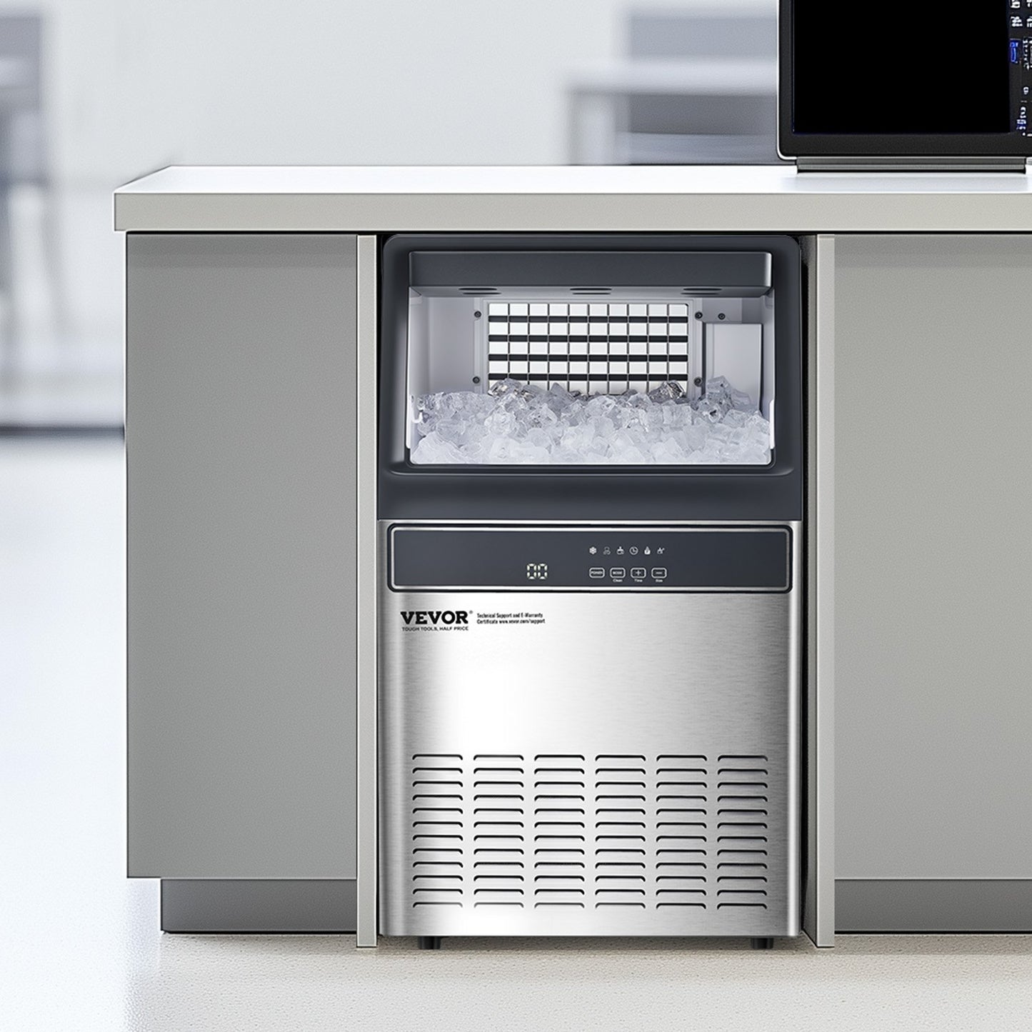 Commercial Ice Maker Machine, 110lbs/24H Ice Maker Machine with 33lbs Storage Capacity, 50 Ice Cubes in 15 Minutes, LED Digital Display Freestanding Self-Cleaning for Bar Office Restaurant