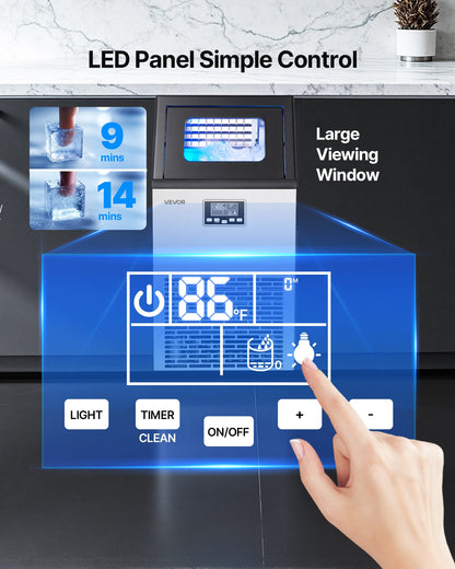 Commercial Ice Maker Machine, 45.36 kg/24h with 12.7kg Storage, 45 Cubes per Cycle, Stainless Steel Freestanding & Under Counter Ice Maker with LED Display & Self-Cleaning, for Bar Restaurant