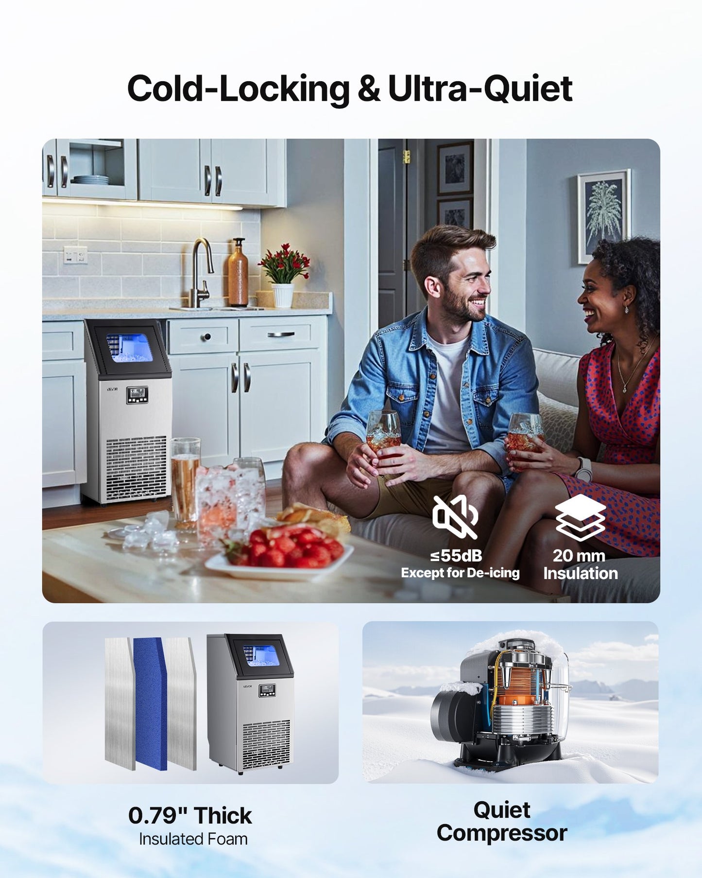 Commercial Ice Maker Machine, 45.36 kg/24h with 12.7kg Storage, 45 Cubes per Cycle, Stainless Steel Freestanding & Under Counter Ice Maker with LED Display & Self-Cleaning, for Bar Restaurant