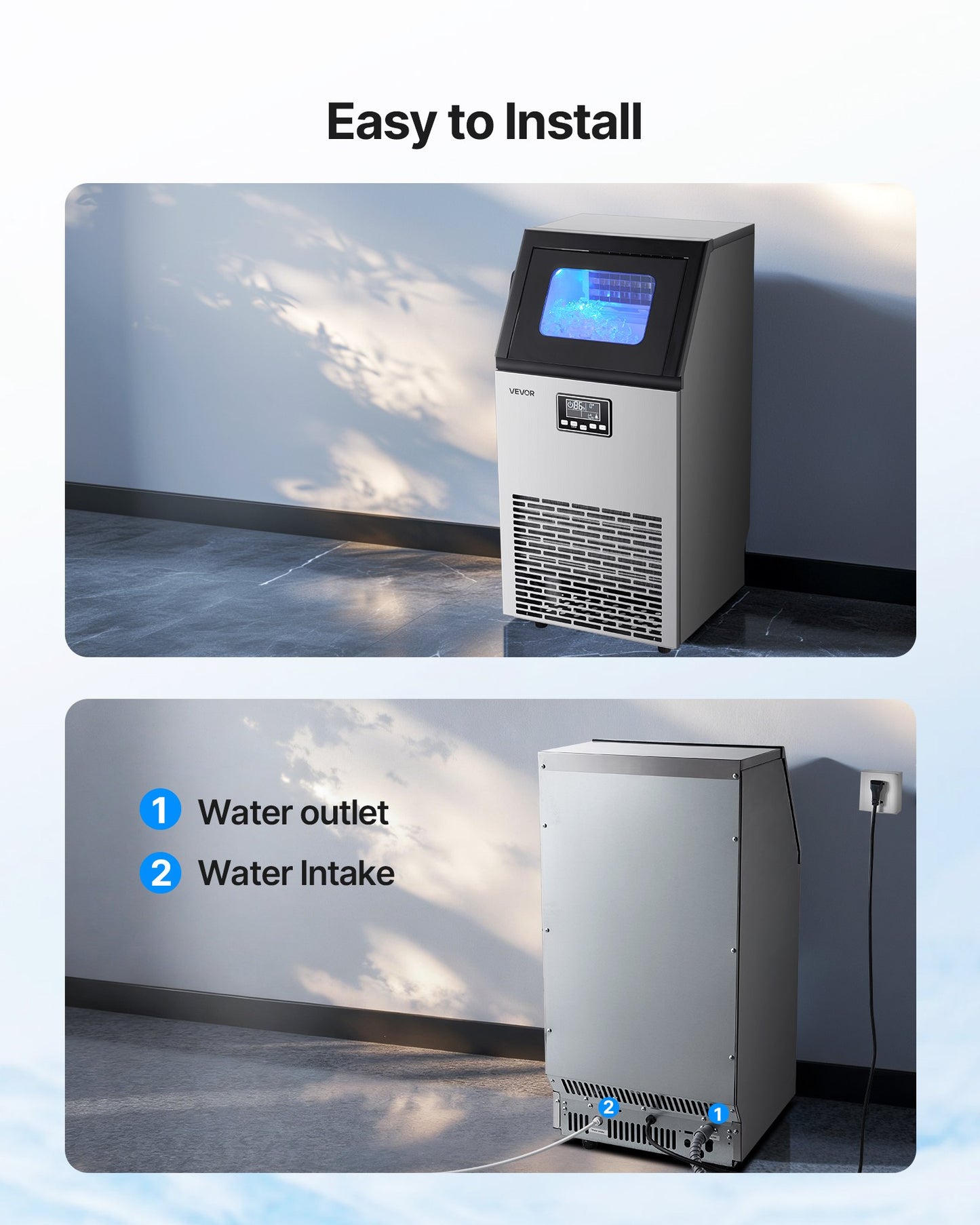 Commercial Ice Maker Machine, 45.36 kg/24h with 12.7kg Storage, 45 Cubes per Cycle, Stainless Steel Freestanding & Under Counter Ice Maker with LED Display & Self-Cleaning, for Bar Restaurant