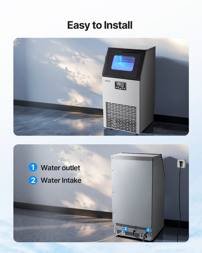 Commercial Ice Maker Machine, 45.36 kg/24h with 12.7kg Storage, 45 Cubes per Cycle, Stainless Steel Freestanding & Under Counter Ice Maker with LED Display & Self-Cleaning, for Bar Restaurant
