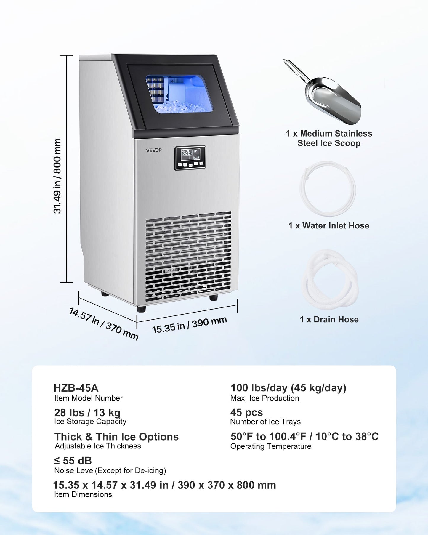 Commercial Ice Maker Machine, 45.36 kg/24h with 12.7kg Storage, 45 Cubes per Cycle, Stainless Steel Freestanding & Under Counter Ice Maker with LED Display & Self-Cleaning, for Bar Restaurant