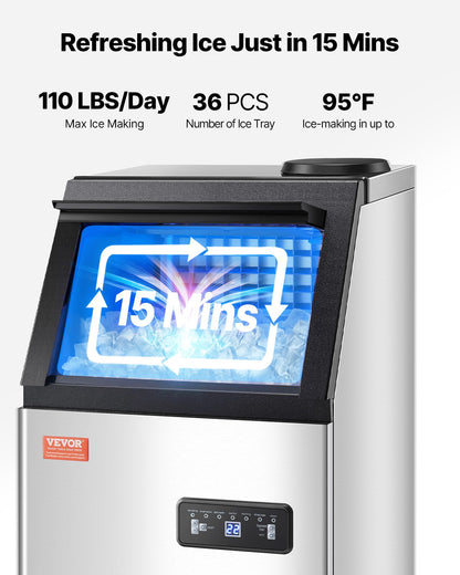 110lbs/24H Commercial Ice Maker, 36 Ice Cubes in 15 Minutes, Freestanding Ice Maker Machine with 28lbs Large Storage Capacity for Bar Office Restaurant, with LED Digital Display & Self-Cleaning