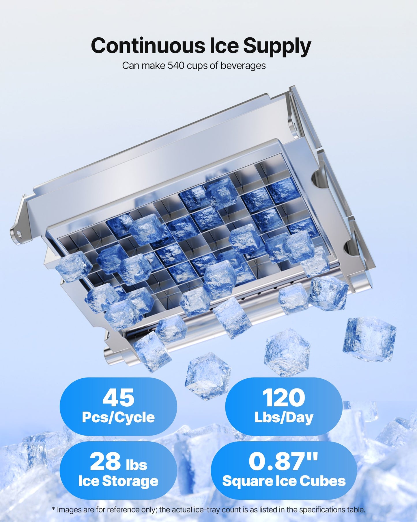 Gewerbliche Eismaschine, 54,43 kg/24 h mit 12,7 kg Vorratskapazität, 45 Eiswürfel pro Zyklus, freistehende und unterbaufähige Eismaschine aus Edelstahl mit LED-Anzeige und Selbstreinigungsfunktion, für Bars und Restaurants