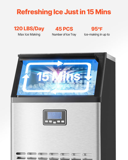 120lbs/24H Commercial Ice Maker, 45 Ice Cubes in 15 Minutes, Freestanding Ice Maker Machine with 33lbs Large Storage Capacity for Bar Office Restaurant, with LED Digital Display & Self-Cleaning