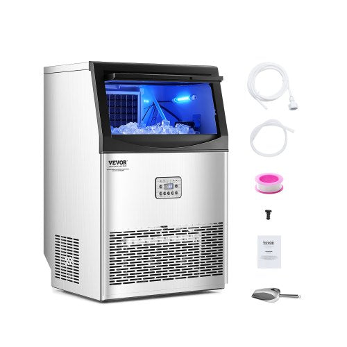 Commercial Ice Maker Machine, 90lbs/24H Ice Maker Machine with 33lbs Storage Capacity, 50 Ice Cubes in 15 Minutes, LED Digital Display Freestanding Self-Cleaning for Bar Office Restaurant
