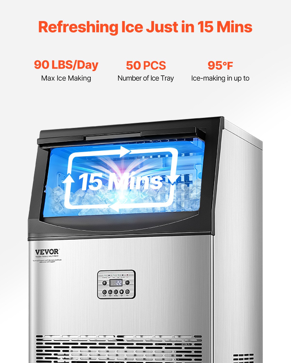 Commercial Ice Maker Machine, 90lbs/24H Ice Maker Machine with 33lbs Storage Capacity, 50 Ice Cubes in 15 Minutes, LED Digital Display Freestanding Self-Cleaning for Bar Office Restaurant