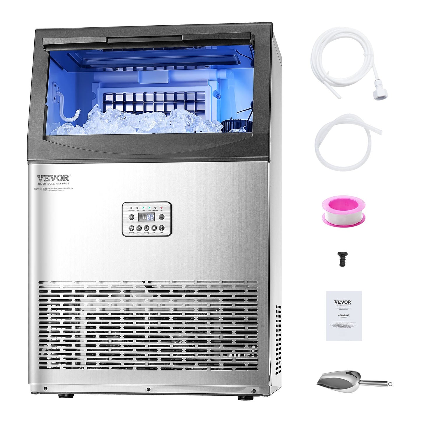 Commercial Ice Maker Machine, 90lbs/24H Ice Maker Machine with 33lbs Storage Capacity, 50 Ice Cubes in 15 Minutes, LED Digital Display Freestanding Self-Cleaning for Bar Office Restaurant