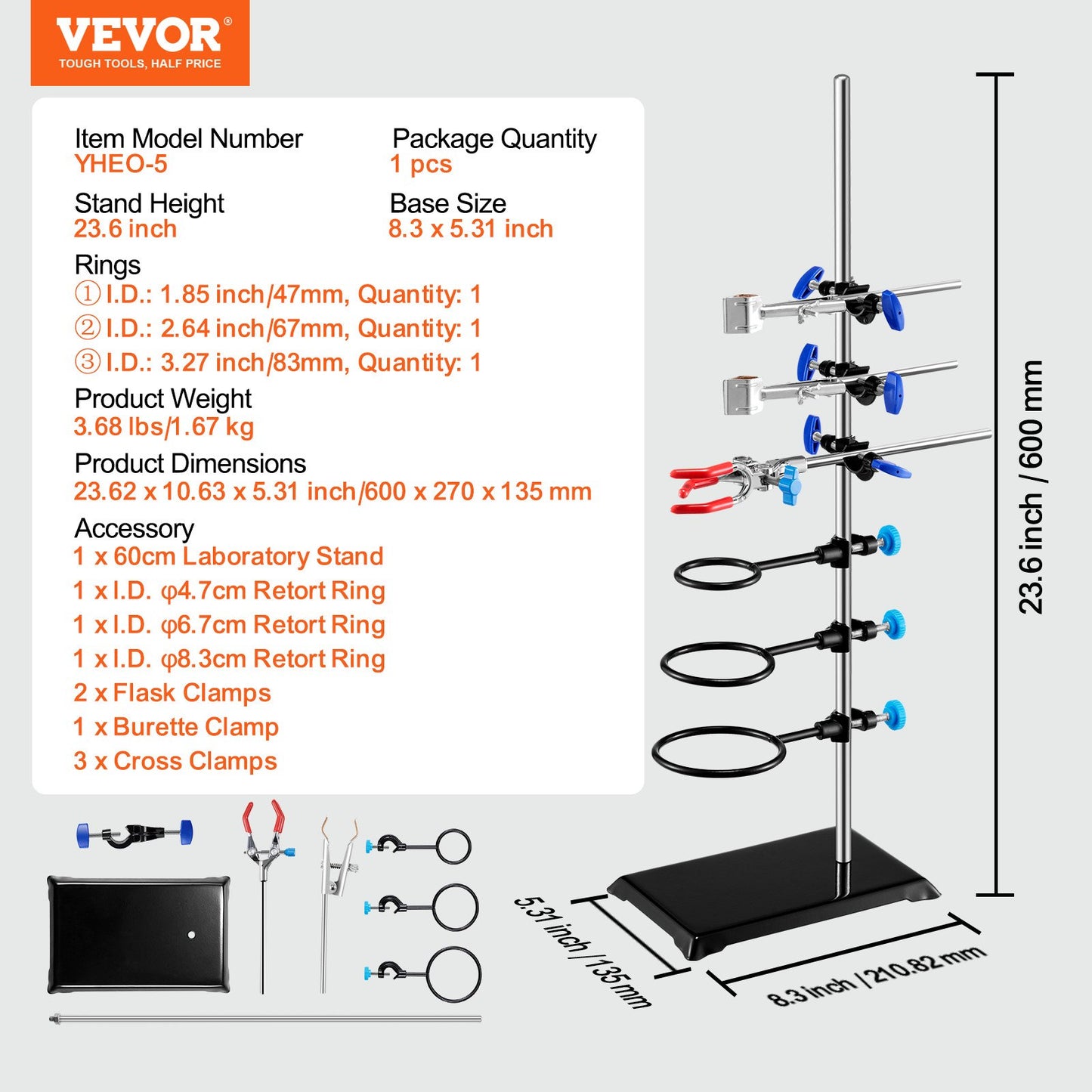 Lab Stand Support, Laboratory Retort Support Stand Set, Steel Lab Stand 59.9 cm Rod and 21.1 x 13.5 cm Cast Iron Base, Includes Flask Clamps, a Burette Clamp and Cross Clamps