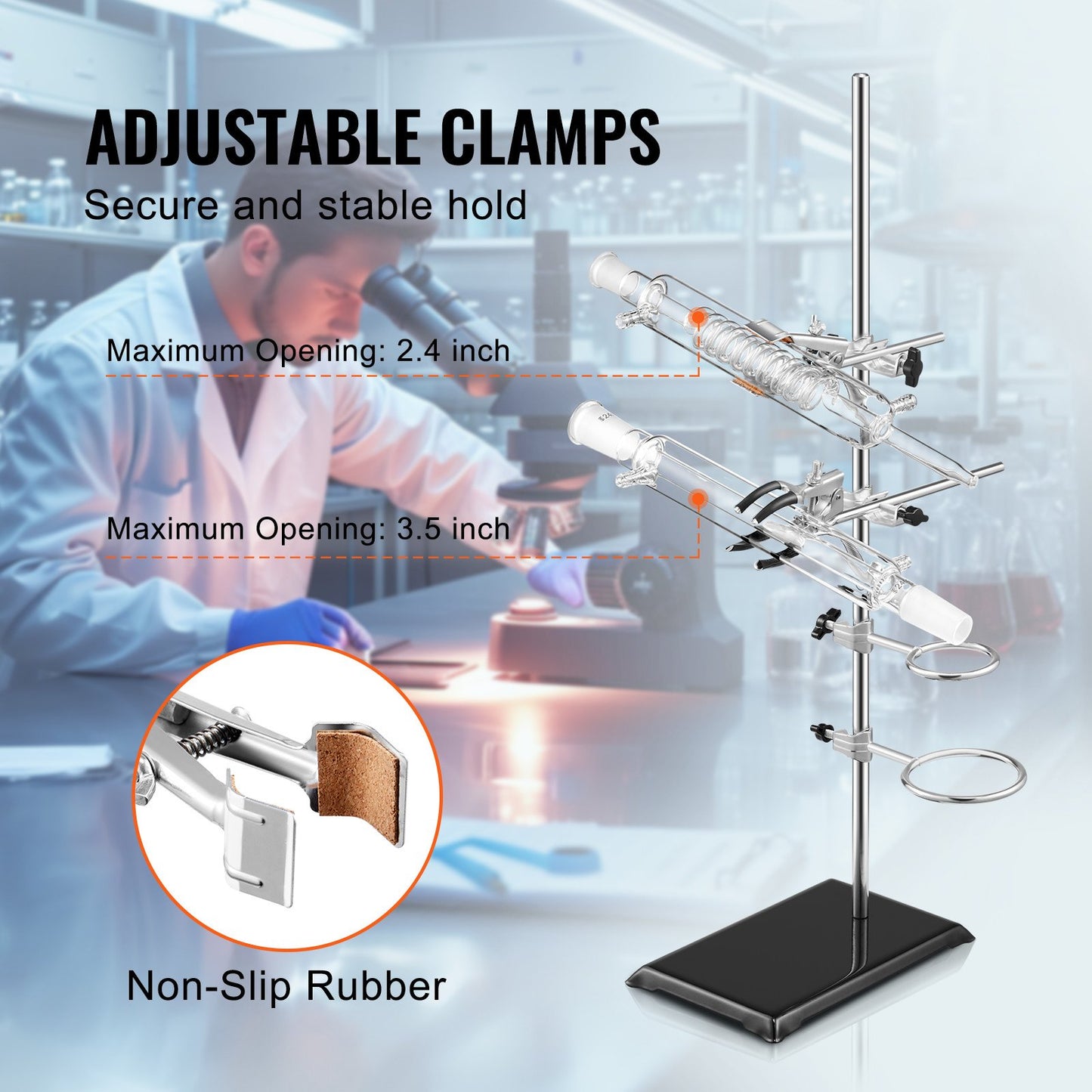 Lab Stand Support, Laboratory Retort Support Stand 2 Sets, Steel Lab Stand 59.9 cm Rod and 21.1 x 13.5 cm Cast Iron Base, Includes Flask Clamps, Burette Clamps and Cross Clamps