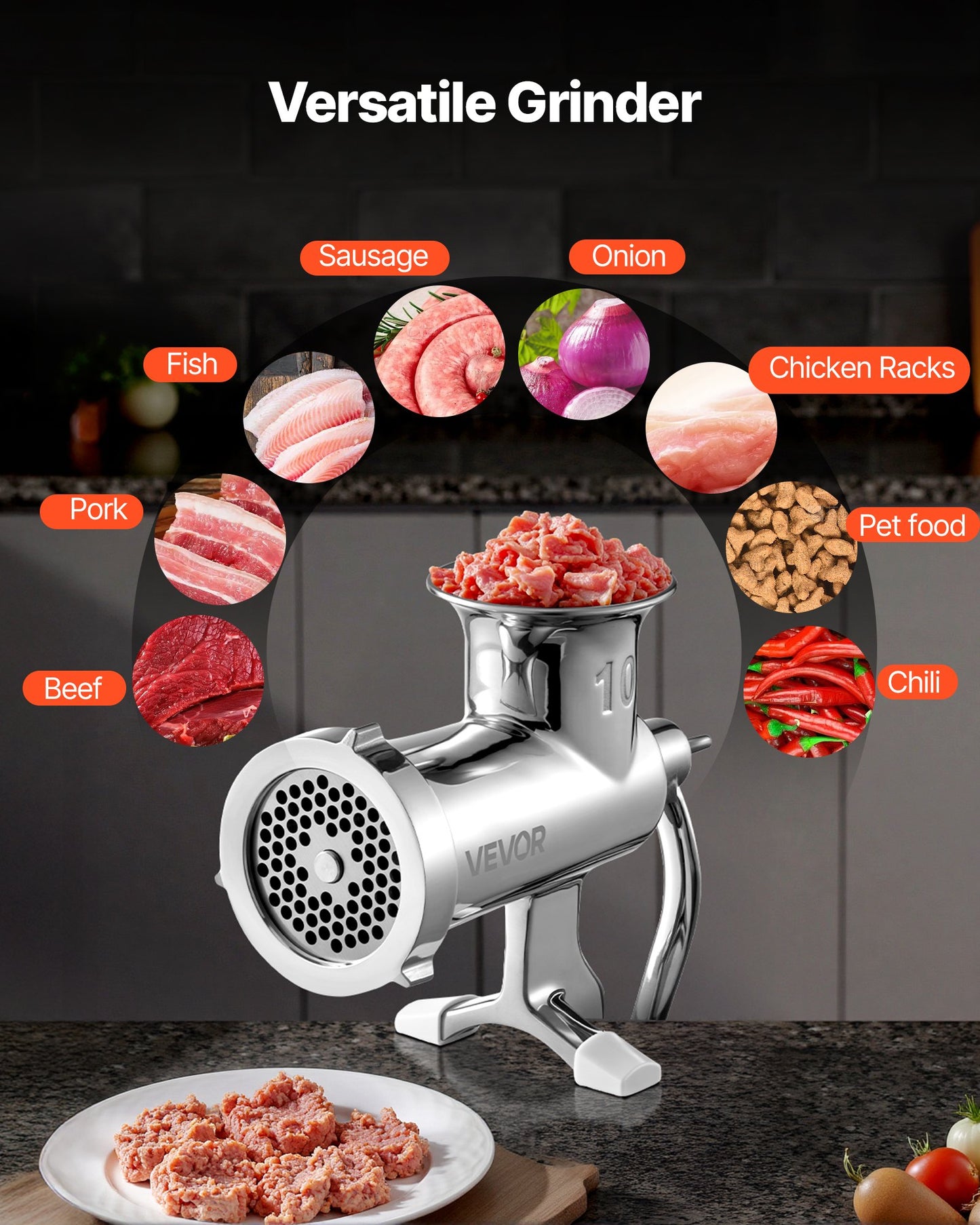 Manual Meat Grinder, 304 Stainless Steel Hand Meat Grinder with Steel Table Clamp, Meat Mincer Sausage Maker with 1 Cutting Blade, 2 Cutting Plates, Sausage Tube for Beef Pork Pepper Mushroom
