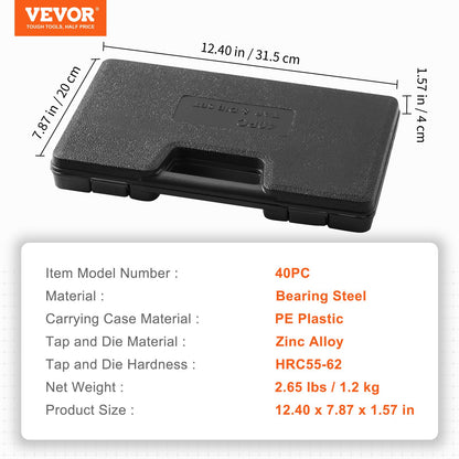 Tap and Die Set, 40-Piece Include Metric Size M3 to M12, Bearing Steel Taps and Dies, Essential Threading Tool for Cutting External Internal Threads, with Complete Accessories and Storage Case