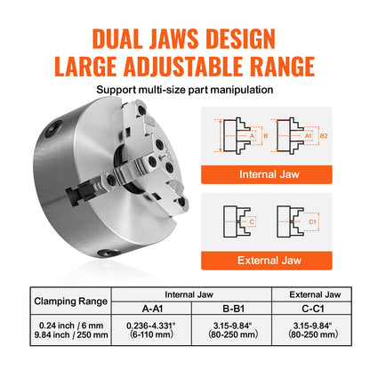3-Jaw Lathe Chuck, 10'', Self-Centering Lathe Chuck, 0.24-9.84 in/6-250 mm Clamping Range with T-key Fixing Screws Hexagon Wrench, for Lathe 3D Printer Machining Center Milling Drilling Machine
