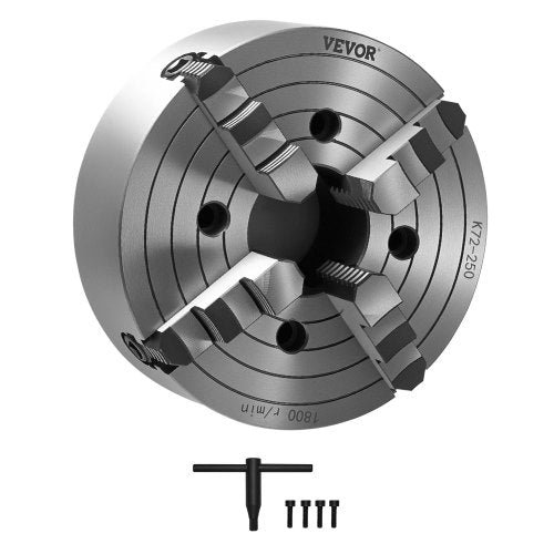 4-Jaw Lathe Chuck, 10 in (250 mm), Lathe Chuck, 0.6-9.84 in (15-250 mm) Clamping Range with T-key Fixing Screws Reversible Jaws, HT300 Cast Iron Material, Internal External for Wood Metal Lathe