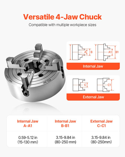 4-Jaw Lathe Chuck, 10 in (250 mm), Lathe Chuck, 0.6-9.84 in (15-250 mm) Clamping Range with T-key Fixing Screws Reversible Jaws, HT300 Cast Iron Material, Internal External for Wood Metal Lathe