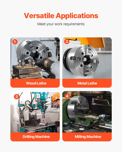 4-Jaw Lathe Chuck, 10 in (250 mm), Lathe Chuck, 0.6-9.84 in (15-250 mm) Clamping Range with T-key Fixing Screws Reversible Jaws, HT300 Cast Iron Material, Internal External for Wood Metal Lathe
