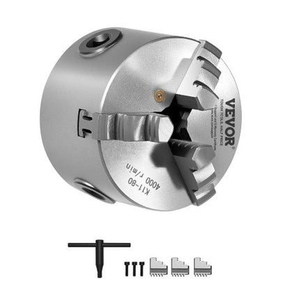 3-Jaw Lathe Chuck, 3 Inch (80 mm), Self-Centering Chuck, 0.08-2.48 in (2-63 mm) Clamping Range with T-key Fixing Screws Reversible Jaws, HT300 Material, Internal External for Wood Metal Lathe