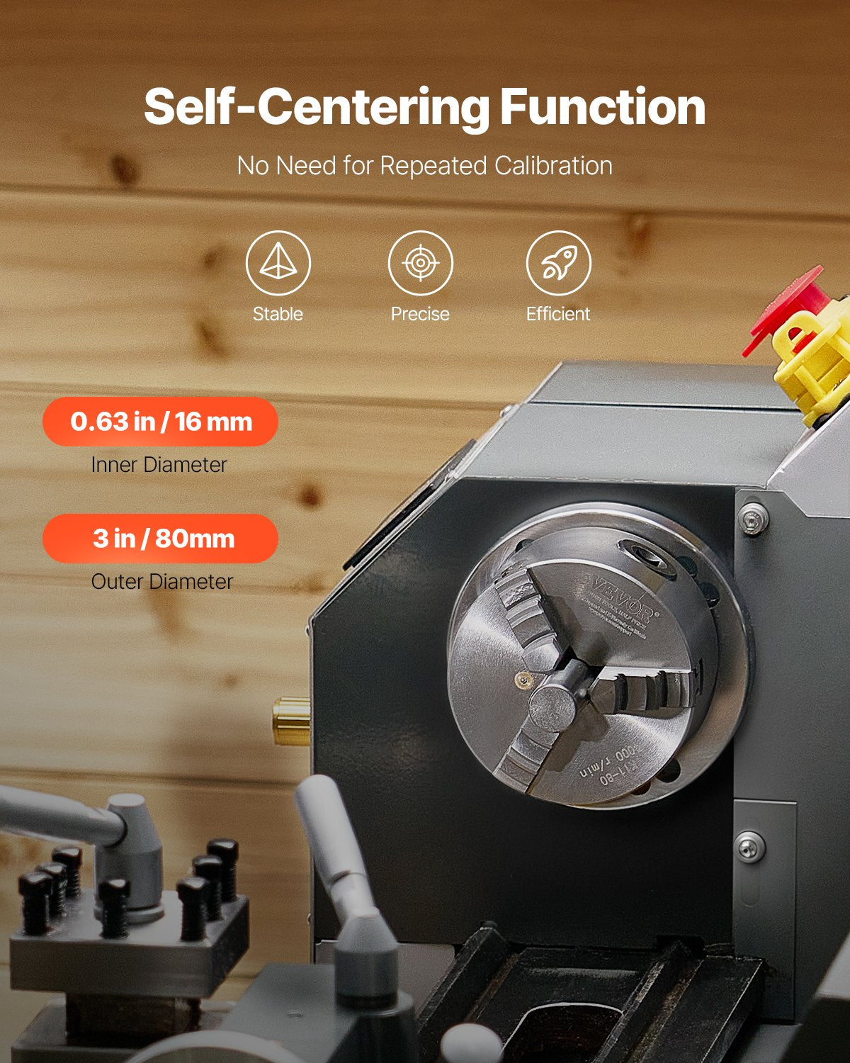3-Jaw Lathe Chuck, 3 Inch (80 mm), Self-Centering Chuck, 0.08-2.48 in (2-63 mm) Clamping Range with T-key Fixing Screws Reversible Jaws, HT300 Material, Internal External for Wood Metal Lathe