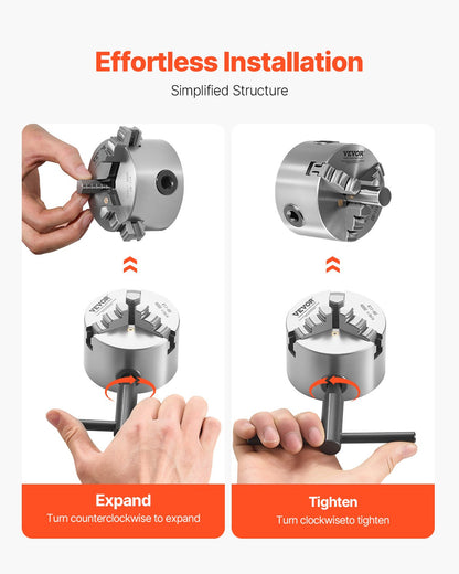 3-Jaw Lathe Chuck, 3 Inch (80 mm), Self-Centering Chuck, 0.08-2.48 in (2-63 mm) Clamping Range with T-key Fixing Screws Reversible Jaws, HT300 Material, Internal External for Wood Metal Lathe