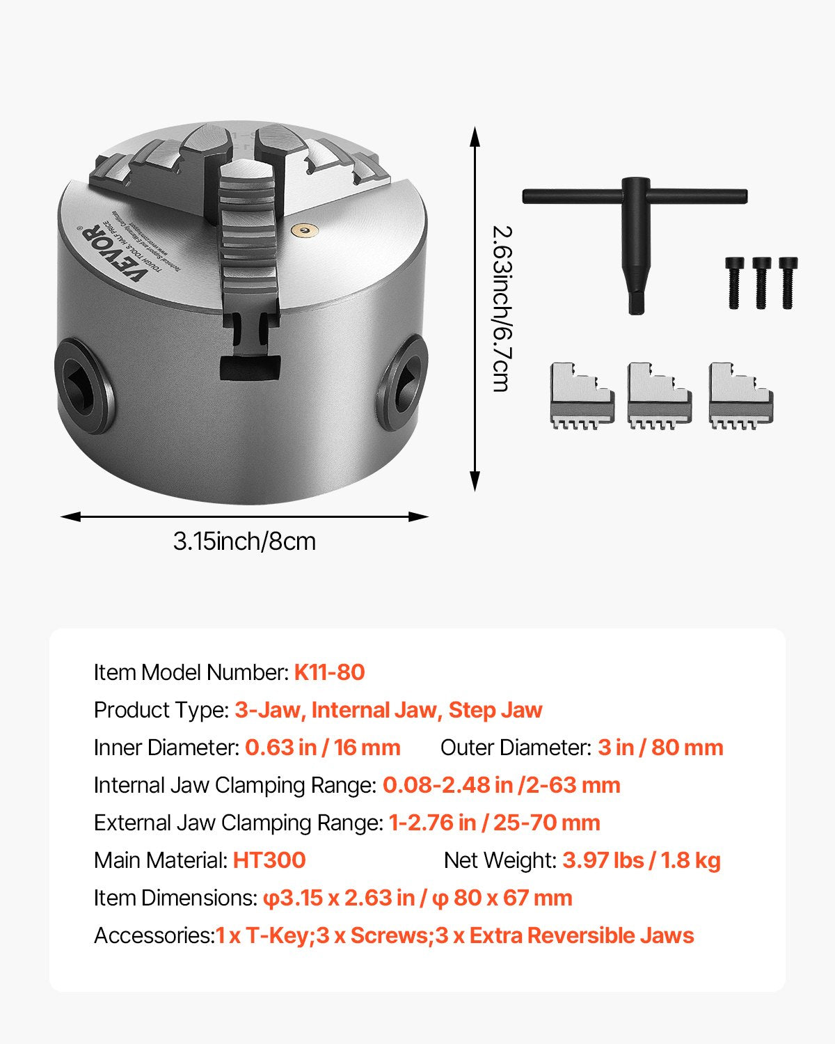 3-Jaw Lathe Chuck, 3 Inch (80 mm), Self-Centering Chuck, 0.08-2.48 in (2-63 mm) Clamping Range with T-key Fixing Screws Reversible Jaws, HT300 Material, Internal External for Wood Metal Lathe