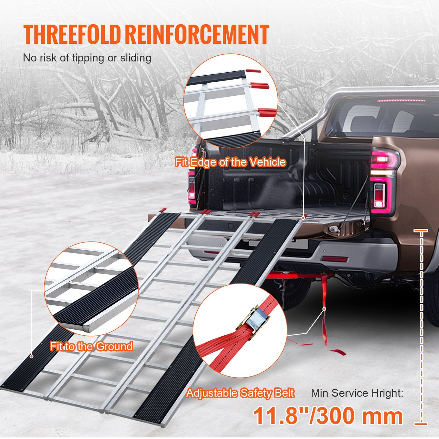 Tri-Fold Loading Ramp, 2160 x 1375 mm, Non-Slip Aluminum Trailer Ramp with Compact Design, Easy Storage, 680.4 kg Load Capacity, for Snowmobiles, ATVs, Tractors, Lawn Mowers, Carts, Motorcycles