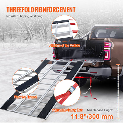 Tri-Fold Loading Ramp, 2160 x 1375 mm, Non-Slip Aluminum Trailer Ramp with Compact Design, Easy Storage, 680.4 kg Load Capacity, for Snowmobiles, ATVs, Tractors, Lawn Mowers, Carts, Motorcycles