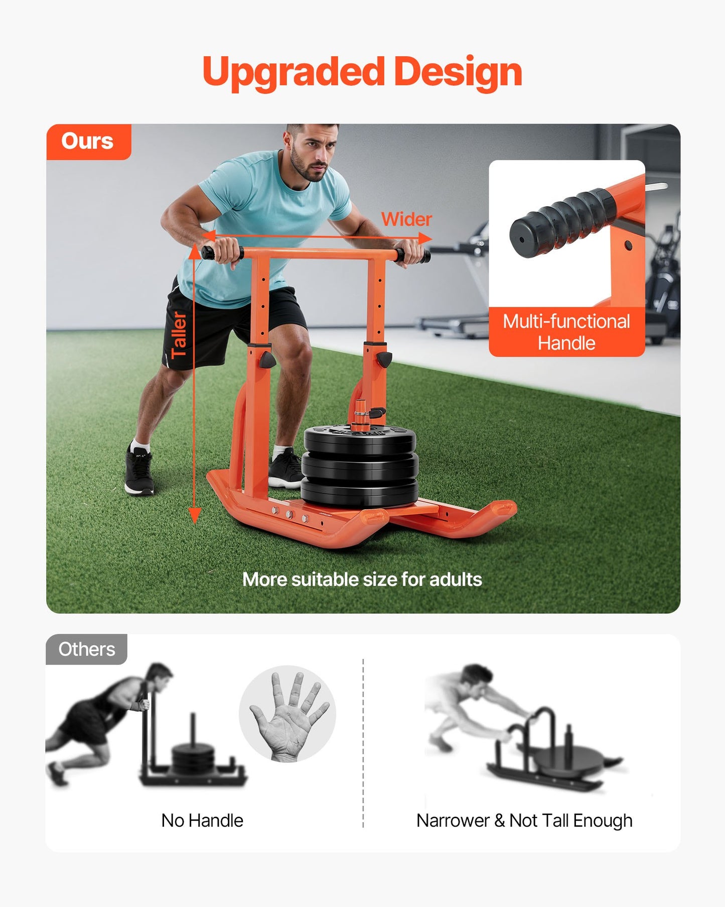 Weight Sled, Steel Power Sled, Fitness Training Sleds for Athletic Exercise Speed Improvement, Workout Equipment with Adjustable Height Handle, Compatible with 25/51 mm Weight Plates, Orange