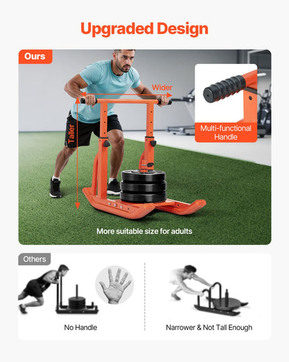 Weight Sled, Steel Power Sled, Fitness Training Sleds for Athletic Exercise Speed Improvement, Workout Equipment with Adjustable Height Handle, Compatible with 25/51 mm Weight Plates, Orange