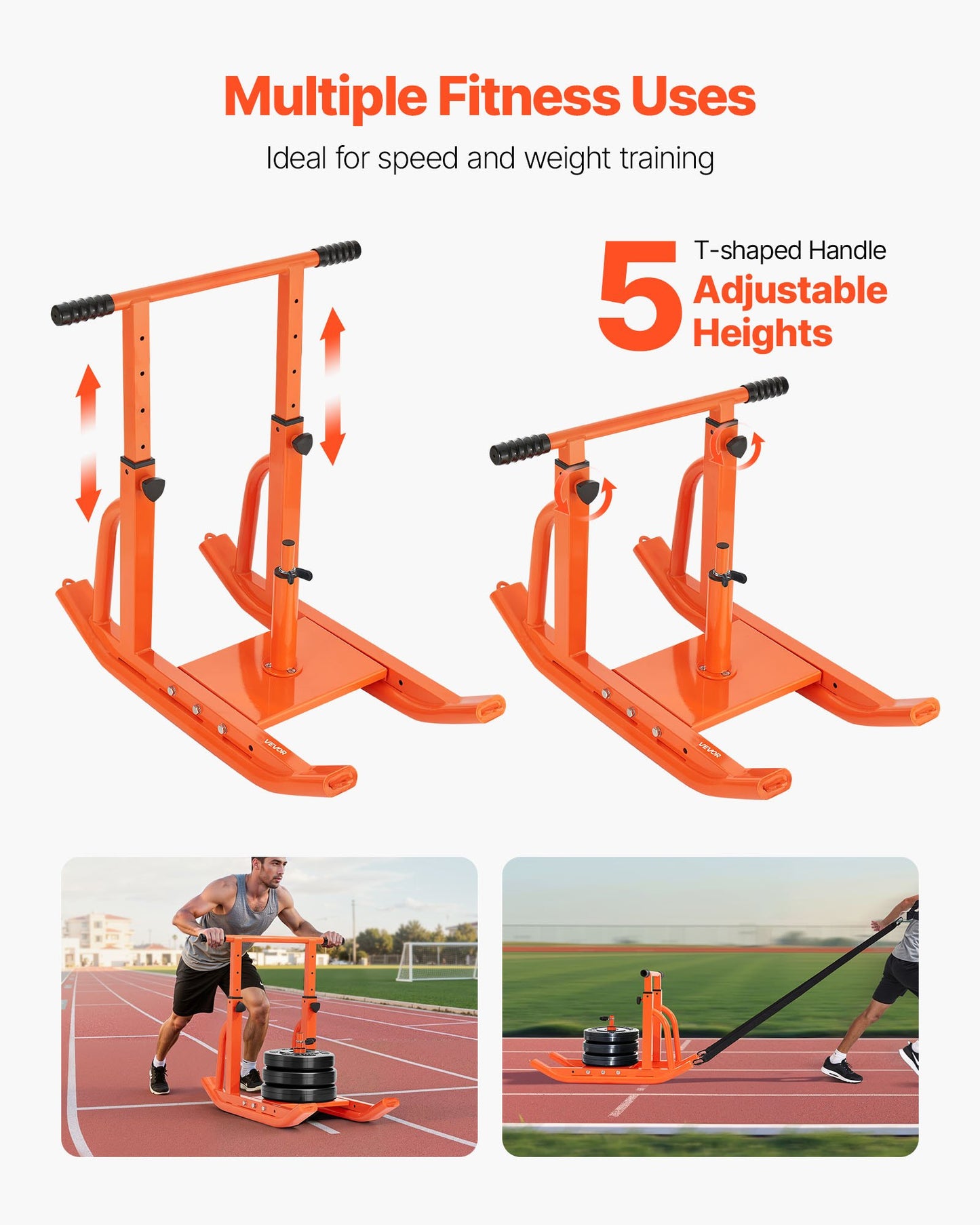 Weight Sled, Steel Power Sled, Fitness Training Sleds for Athletic Exercise Speed Improvement, Workout Equipment with Adjustable Height Handle, Compatible with 25/51 mm Weight Plates, Orange