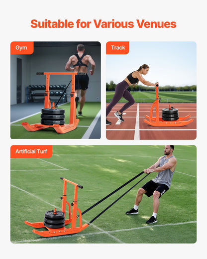 Weight Sled, Steel Power Sled, Fitness Training Sleds for Athletic Exercise Speed Improvement, Workout Equipment with Adjustable Height Handle, Compatible with 25/51 mm Weight Plates, Orange
