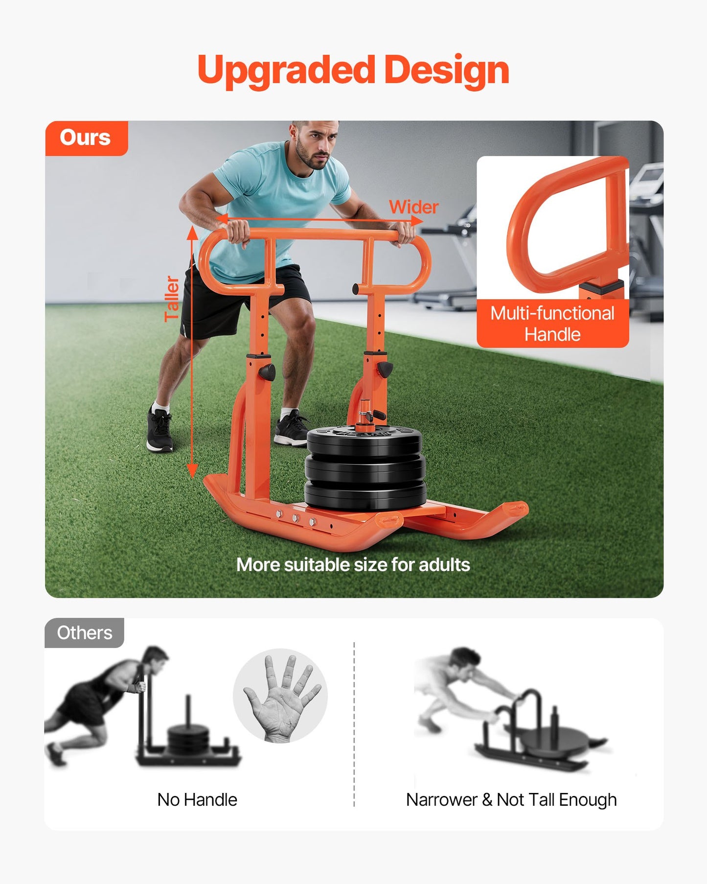 Weight Sled, Steel Power Sled, Fitness Training Sleds for Athletic Exercise Speed Improvement, Workout Equipment with Adjustable Height Handle, Compatible with 25/51 mm Weight Plates, Orange