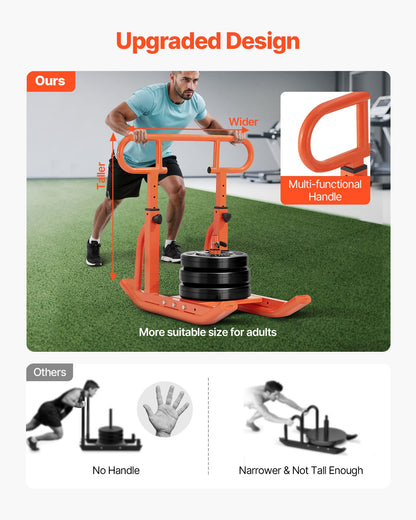 Weight Sled, Steel Power Sled, Fitness Training Sleds for Athletic Exercise Speed Improvement, Workout Equipment with Adjustable Height Handle, Compatible with 25/51 mm Weight Plates, Orange