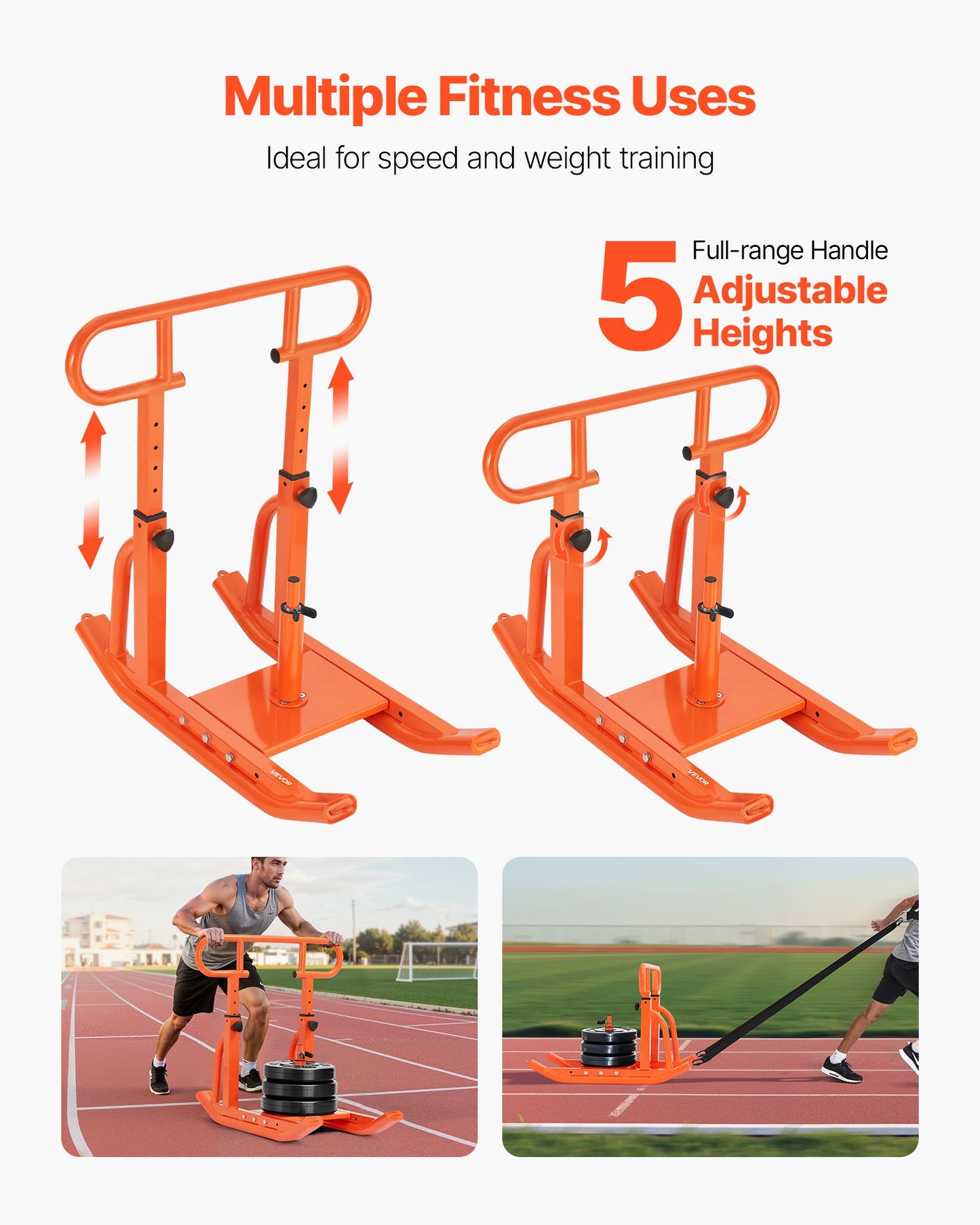 Weight Sled, Steel Power Sled, Fitness Training Sleds for Athletic Exercise Speed Improvement, Workout Equipment with Adjustable Height Handle, Compatible with 25/51 mm Weight Plates, Orange