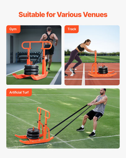 Weight Sled, Steel Power Sled, Fitness Training Sleds for Athletic Exercise Speed Improvement, Workout Equipment with Adjustable Height Handle, Compatible with 25/51 mm Weight Plates, Orange