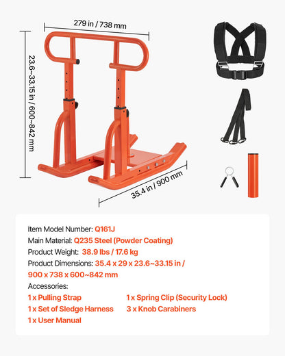 Weight Sled, Steel Power Sled, Fitness Training Sleds for Athletic Exercise Speed Improvement, Workout Equipment with Adjustable Height Handle, Compatible with 25/51 mm Weight Plates, Orange