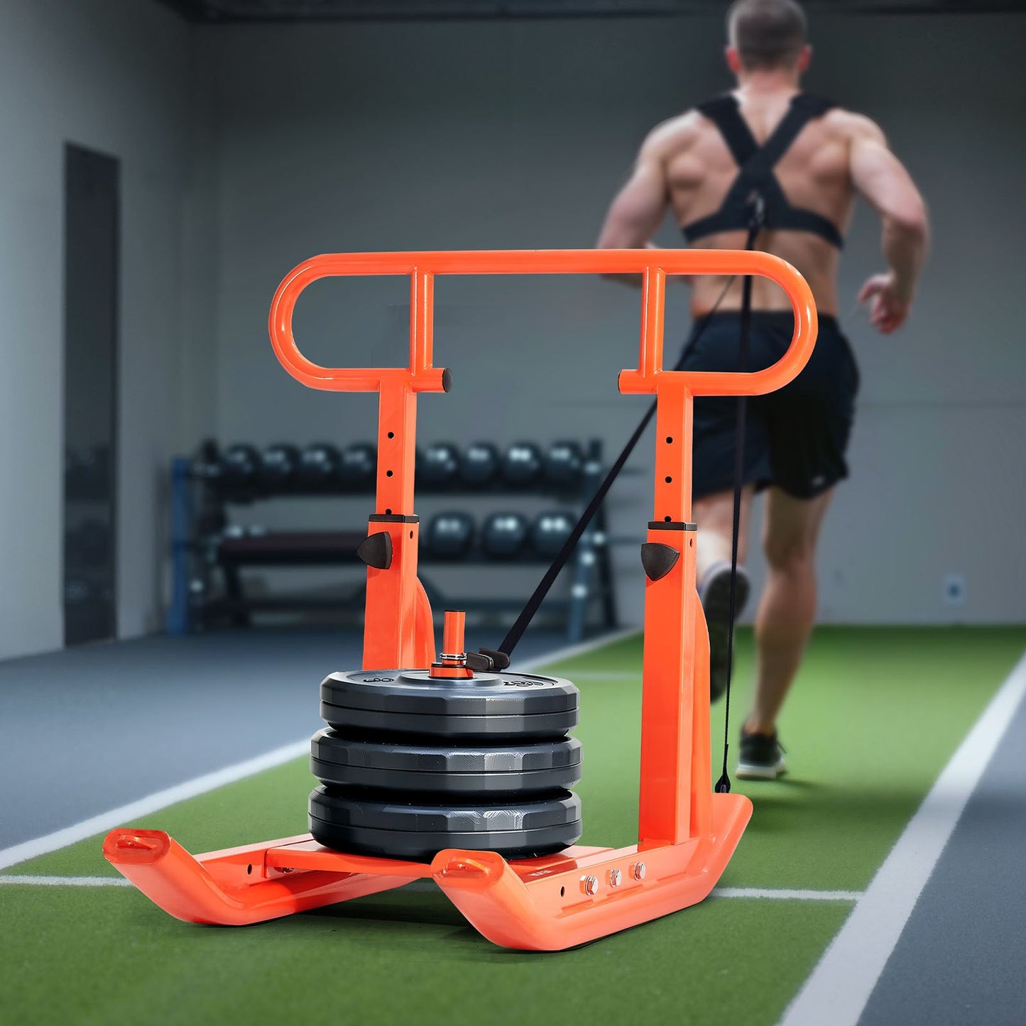 Weight Sled, Steel Power Sled, Fitness Training Sleds for Athletic Exercise Speed Improvement, Workout Equipment with Adjustable Height Handle, Compatible with 25/51 mm Weight Plates, Orange