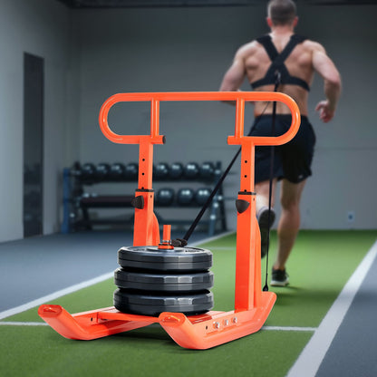 Weight Sled, Steel Power Sled, Fitness Training Sleds for Athletic Exercise Speed Improvement, Workout Equipment with Adjustable Height Handle, Compatible with 25/51 mm Weight Plates, Orange