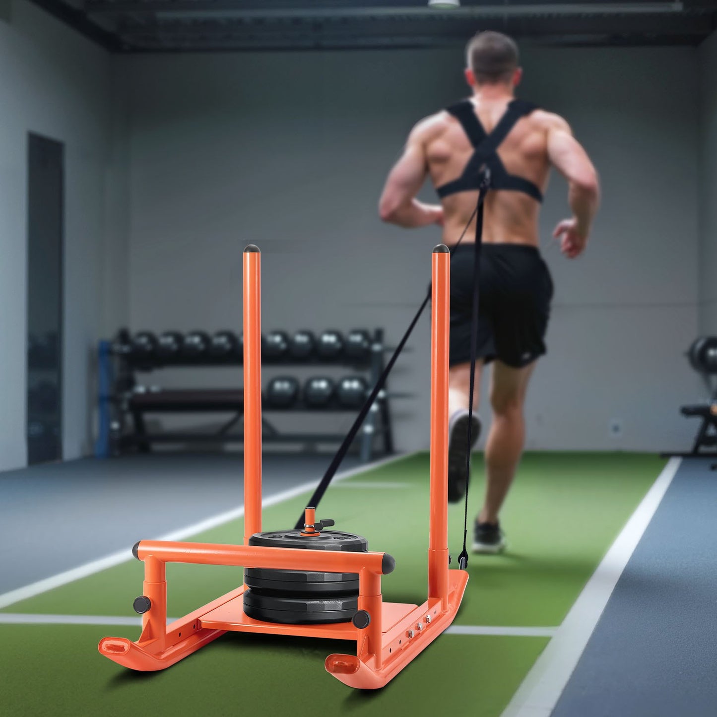Weight Sled, Steel Power Sled, Fitness Strength Training Sleds for Athletic Exercise Speed Improvement, Workout Fitness Equipment with Handle, Compatible with 25/51 mm Weight Plates, Orange