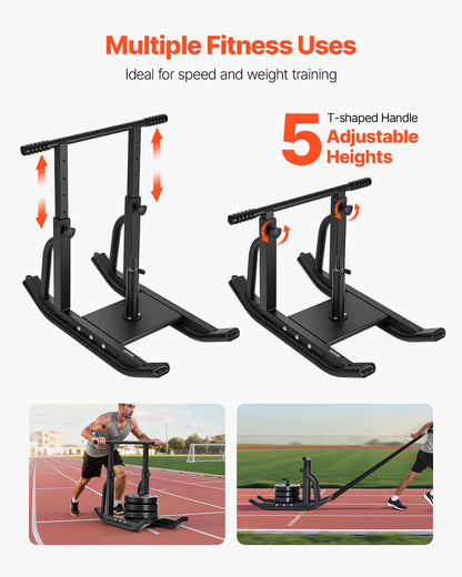 Weight Sled, Steel Power Sled, Fitness Training Sleds for Athletic Exercise Speed Improvement, Workout Equipment with Adjustable Height Handle, Compatible with 25/51 mm Weight Plates, Black
