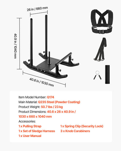 Weight Sled, Steel Power Sled, Fitness Strength Training Sleds for Athletic Exercise Speed Improvement, Workout Fitness Equipment with Handle, Compatible with 25/51 mm Weight Plates, Black