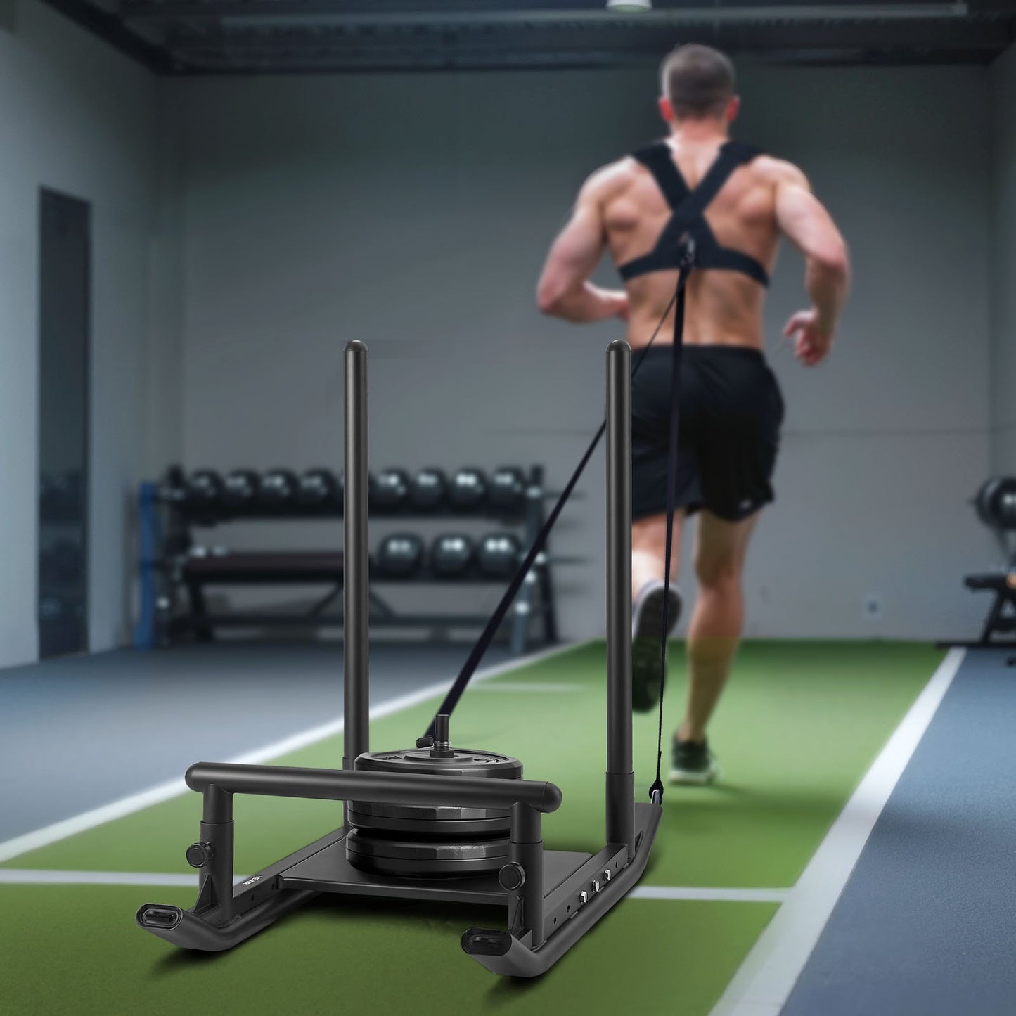 Weight Sled, Steel Power Sled, Fitness Strength Training Sleds for Athletic Exercise Speed Improvement, Workout Fitness Equipment with Handle, Compatible with 25/51 mm Weight Plates, Black