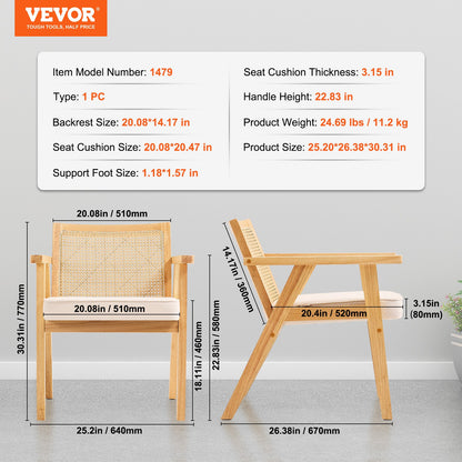 Rattan Chair, Mid Century Modern Dining Chair with Armrest, Upholstered Chair with Rattan Back, Retro Rattan Dining Room Kitchen Chair for Living Room, Bedroom, Reading Room, and Office, Beige