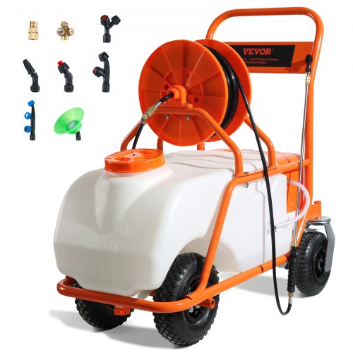 Lawn Sprayer with Wheels, Adjustable Pressure 0-90 PSI, Sprayer with 60L Tank, with 8 Nozzles, 2 Wands, Wide Opening Lid for Garden, Weeding, Spraying