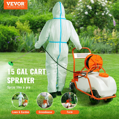Lawn Sprayer with Wheels, Adjustable Pressure 0-90 PSI, Sprayer with 60L Tank, with 8 Nozzles, 2 Wands, Wide Opening Lid for Garden, Weeding, Spraying