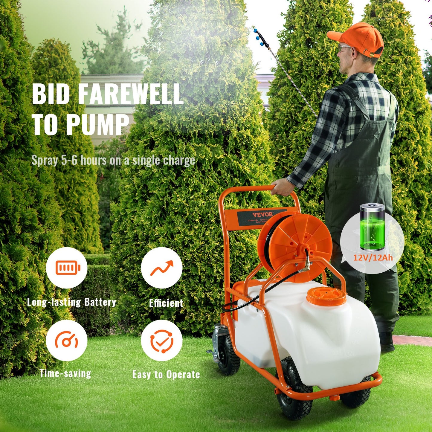 Lawn Sprayer with Wheels, Adjustable Pressure 0-90 PSI, Sprayer with 60L Tank, with 8 Nozzles, 2 Wands, Wide Opening Lid for Garden, Weeding, Spraying